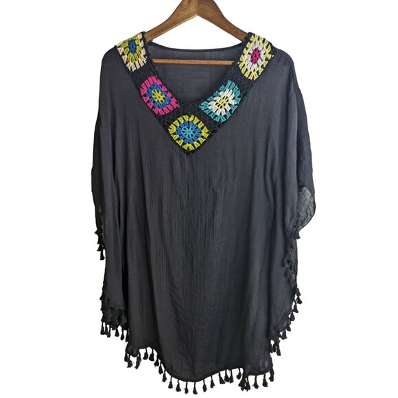 Black Gauzy Poncho w/Crochet Granny Squares Boho Tunic Beach Coverup Sz OSFM - Picture 4 of 8